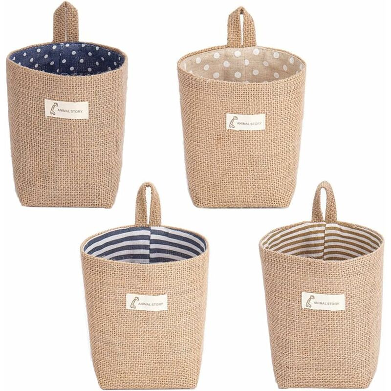4 Pieces Foldable Storage Basket With Handle, Hanging Storage Bag, Cotton Linen Storage Basket Bag, 4 Colors, For