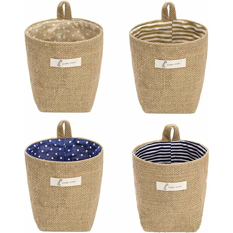 4 Pieces Foldable Storage Basket With Handle, Hanging Storage Bag, Cotton Linen Storage Basket Bag, 4 Colors, For