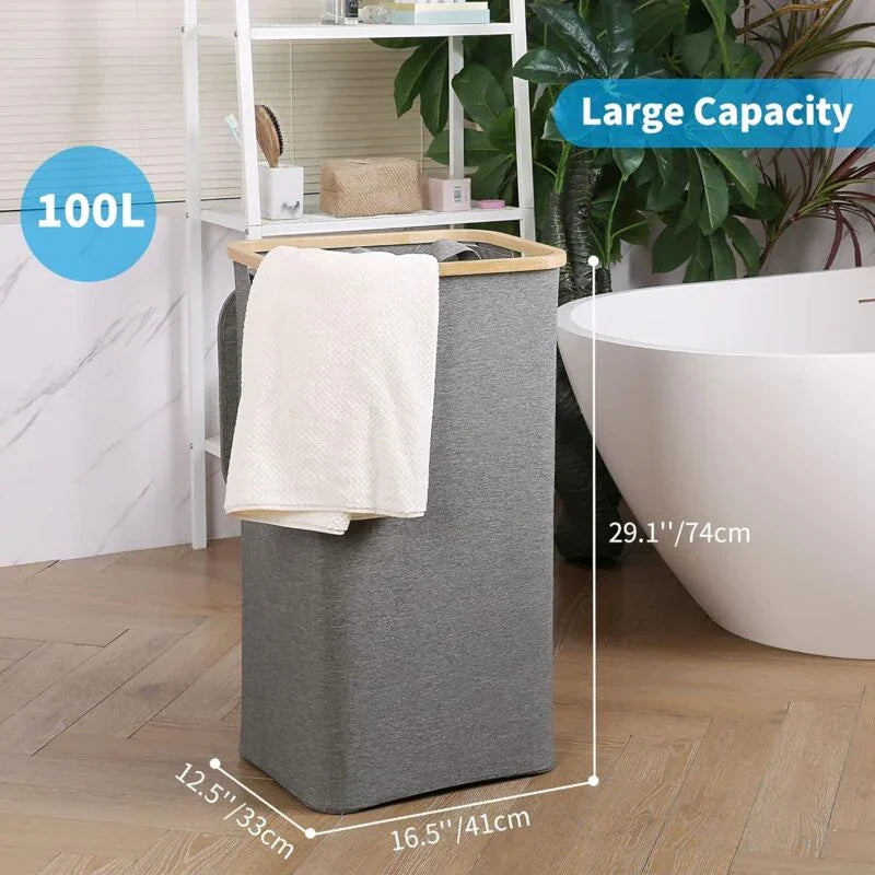 Large Laundry Basket With Lid, 100L Dirty Basket With Bamboo Handles For Clothes, Laundry Basket Xxl Foldable With