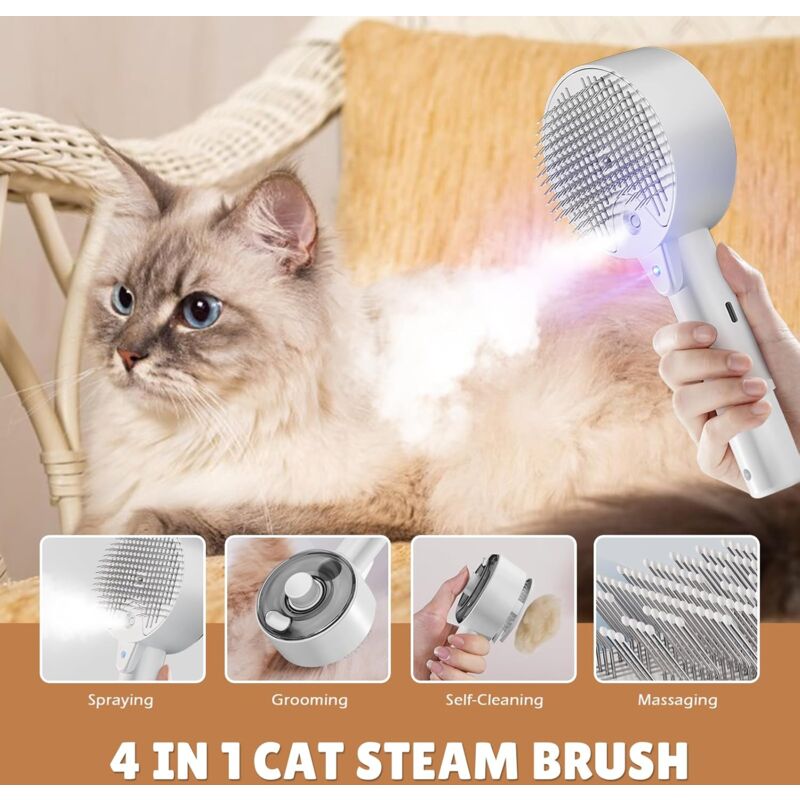 Cat Steam Brush, 4 In 1 Cat Steam Brush Self-Cleaning Cat Brush, Cat Brush With Water Tank Pet Grooming Brush For