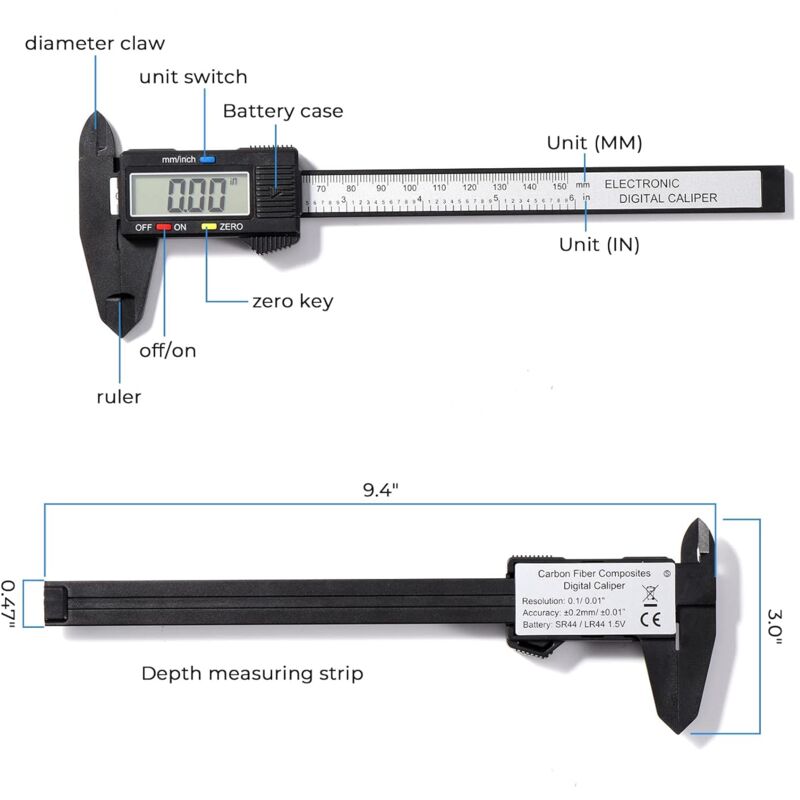 Digital Caliper, 150Mm / 6" Digital Caliper, Electronic Measuring Tool With Large Lcd Display, For External, Internal,