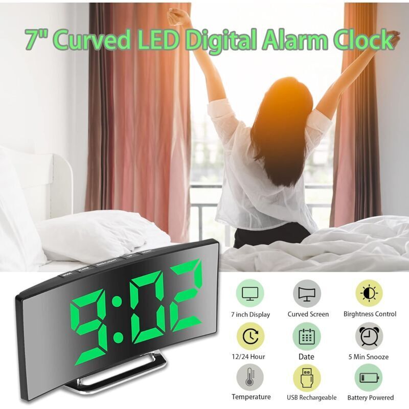 Digital Alarm Clock For Bedroom, 7'' LED Mirror Screen, 2 Brightness, Temperature, DAte, Usb Powered, Memory Function