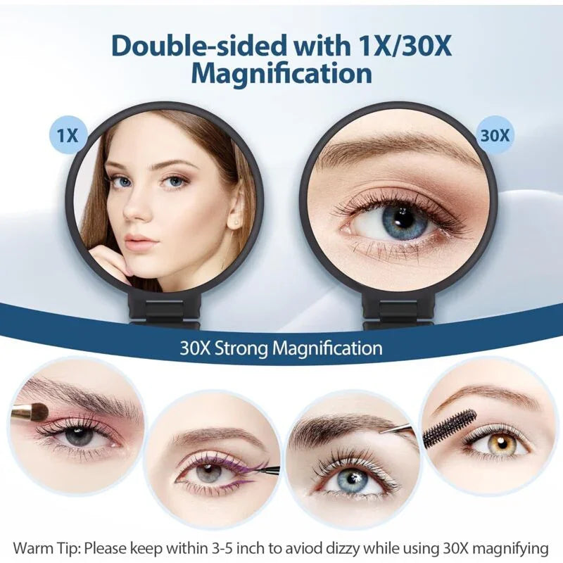 30X Magnifying Mirror, Hand Mirror With Handle, Double Sided Mirror With 30X/1X Magnification, Essential Travel Mirror
