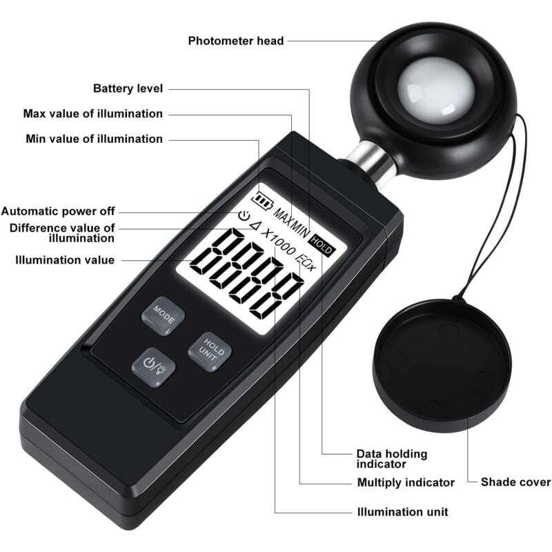Digital Lux Meter, Practical Plant Exposure, Full With Waves Up To 200,000 Lux, Lux Meter With Maximum/Minimum Values,