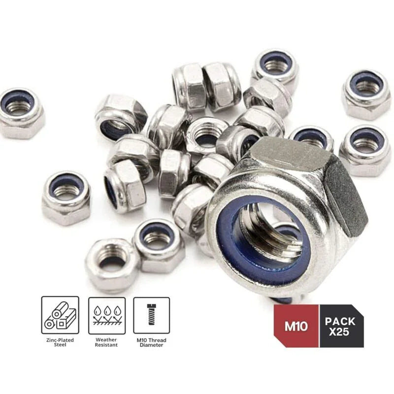Zinc Steel Lock Nut M10 Pack 25 Hexagonal Locking Lock Nuts Ideal For Carpentry, Construction, Plumbing, Among Other