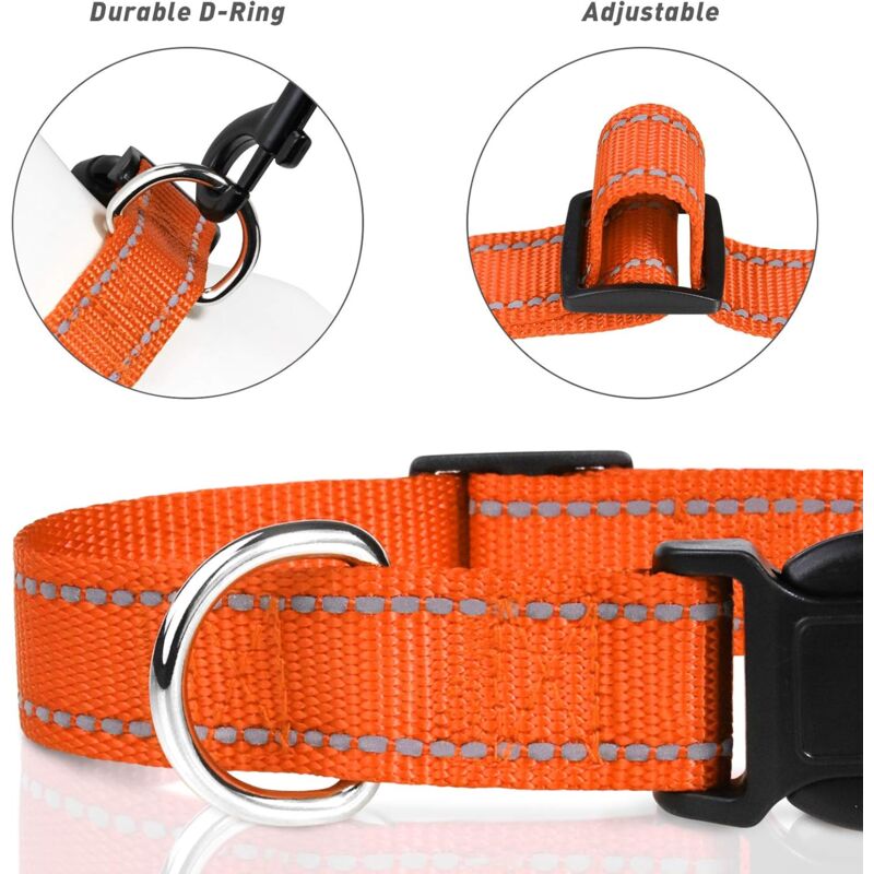 Dog Collar, Classic Adjustable Reflective Nylon Collar Suitable For Medium Dogs, Orange, 2.5Cm Width