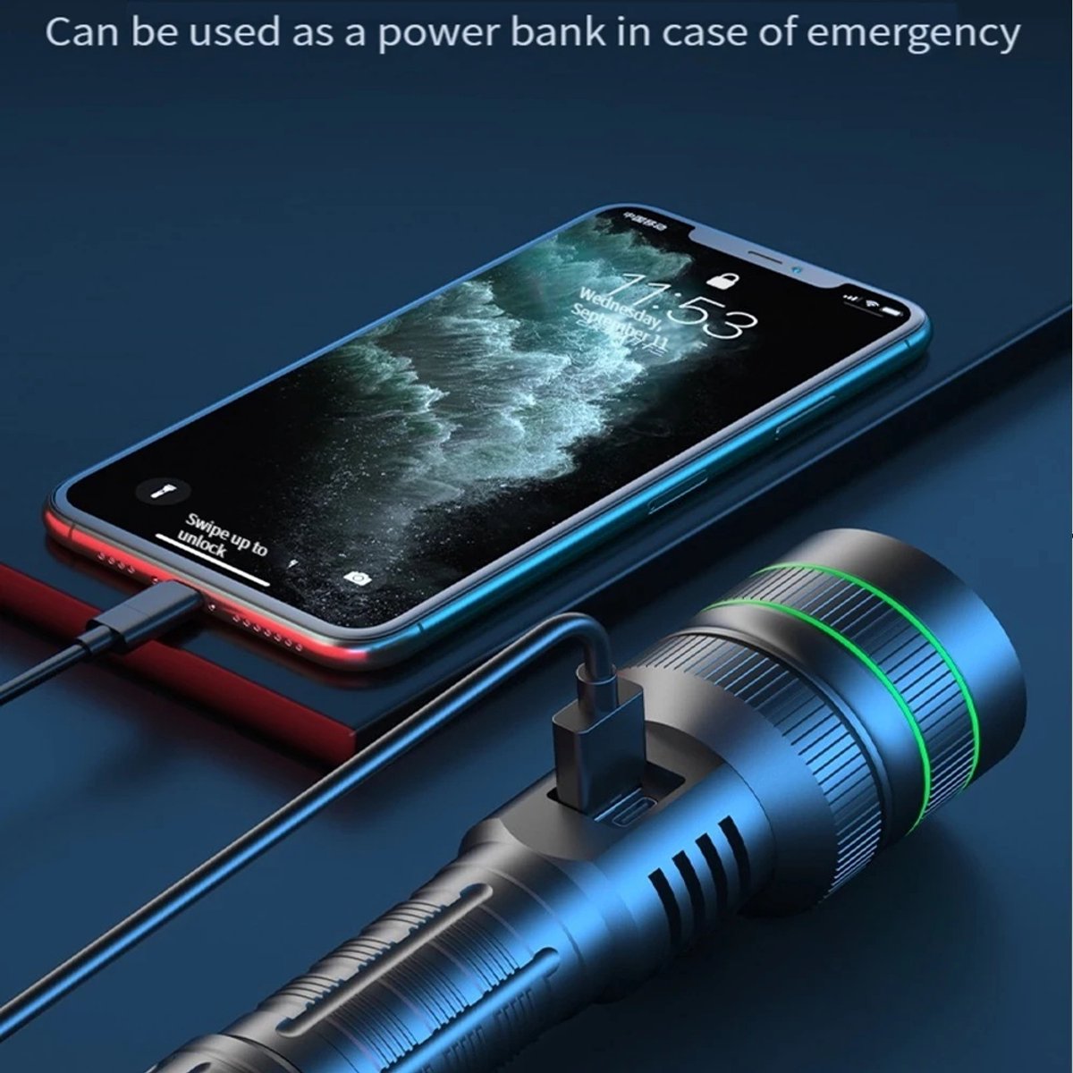 Rechargeable LED Flashlight - Military Flashlight - 5000 lumens - 26650 rechargeable battery - 6 modes - Power bank function - IP67 waterproof - Battery-powered flashlight