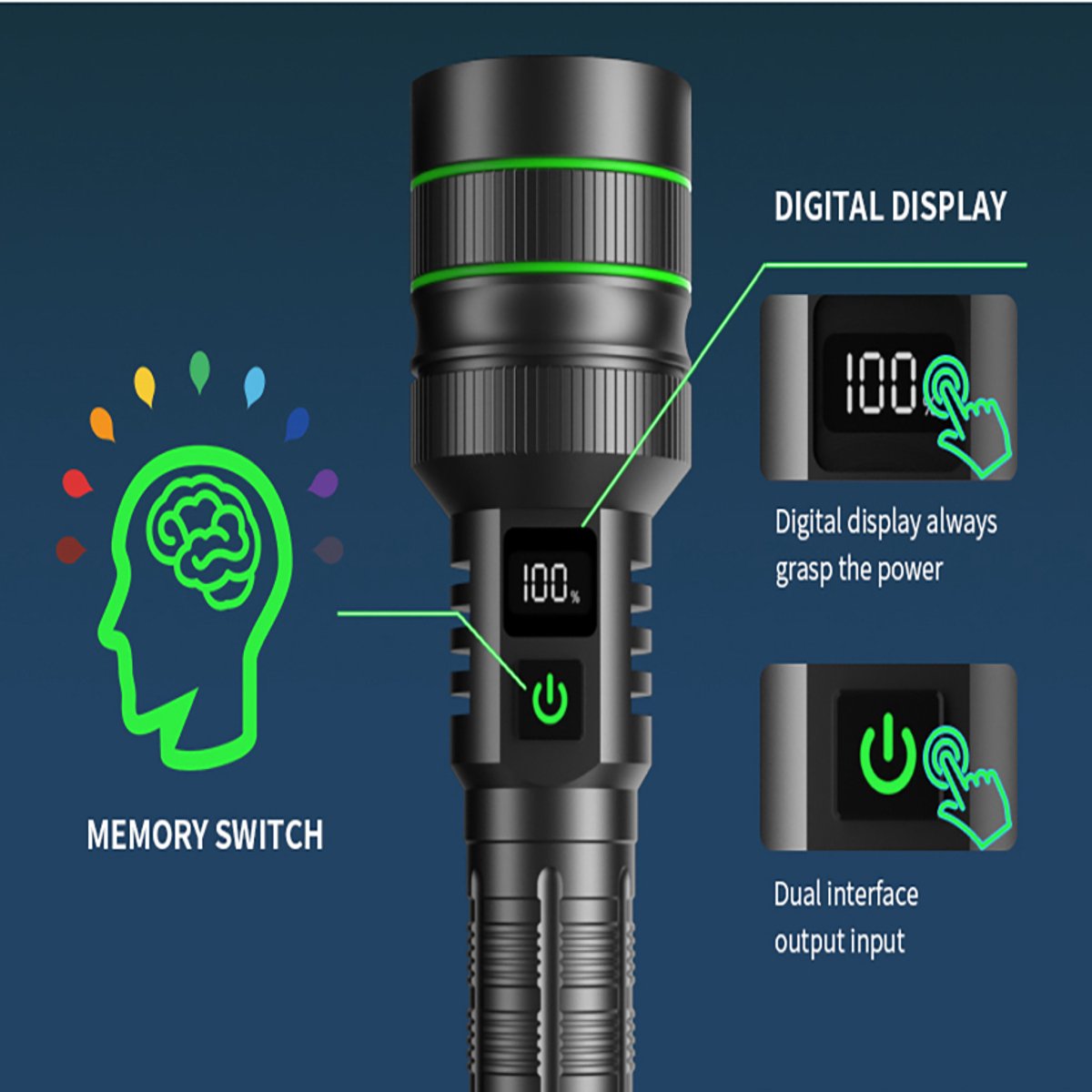 Rechargeable LED Flashlight - Military Flashlight - 5000 lumens - 26650 rechargeable battery - 6 modes - Power bank function - IP67 waterproof - Battery-powered flashlight