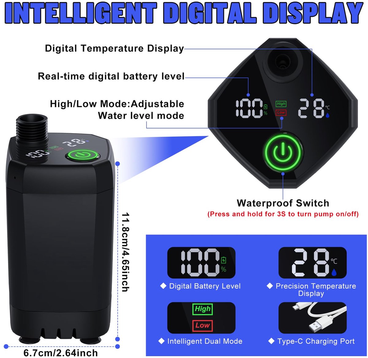 Portable Camping Shower - 6000mAh Rechargeable Shower Pump - With Smart LED Display - 4 Spray Modes - IPX7 Waterproof Outdoor Shower - For Hiking, Travel, Car, Pets - Black