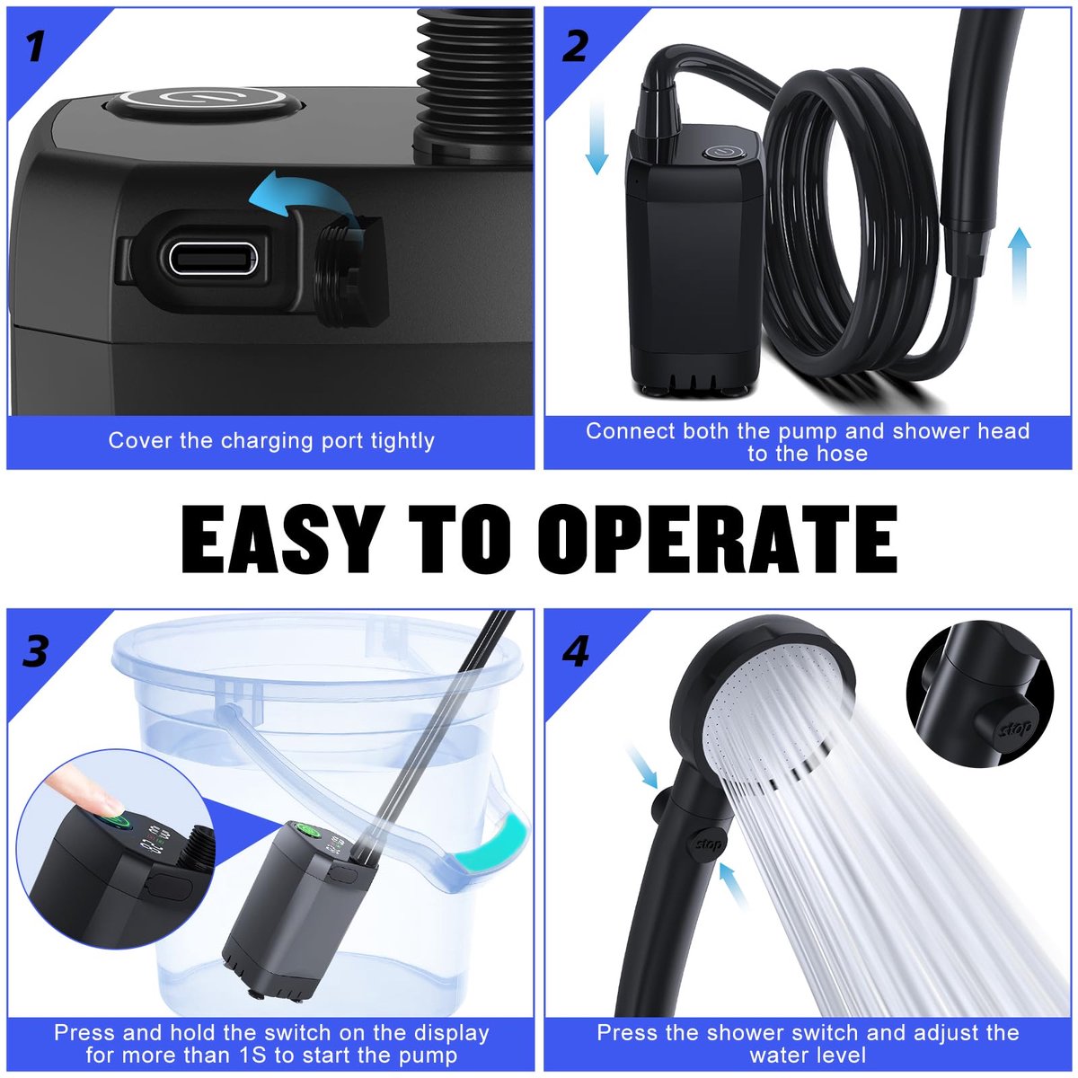 Portable Camping Shower - 6000mAh Rechargeable Shower Pump - With Smart LED Display - 4 Spray Modes - IPX7 Waterproof Outdoor Shower - For Hiking, Travel, Car, Pets - Black