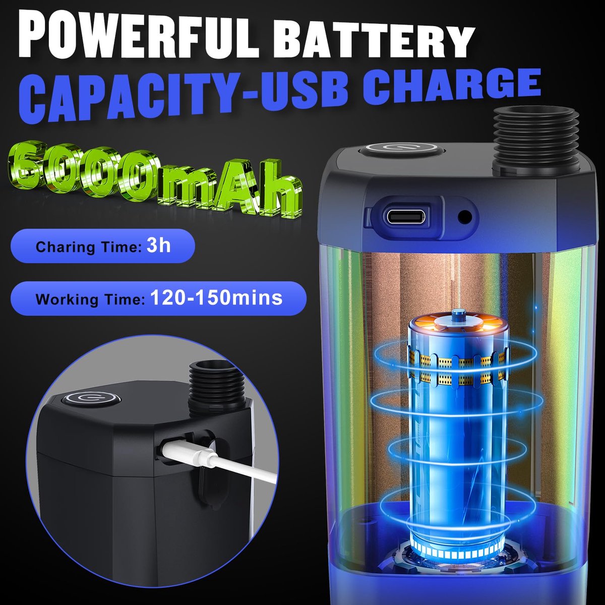 Portable Camping Shower - 6000mAh Rechargeable Shower Pump - With Smart LED Display - 4 Spray Modes - IPX7 Waterproof Outdoor Shower - For Hiking, Travel, Car, Pets - Black