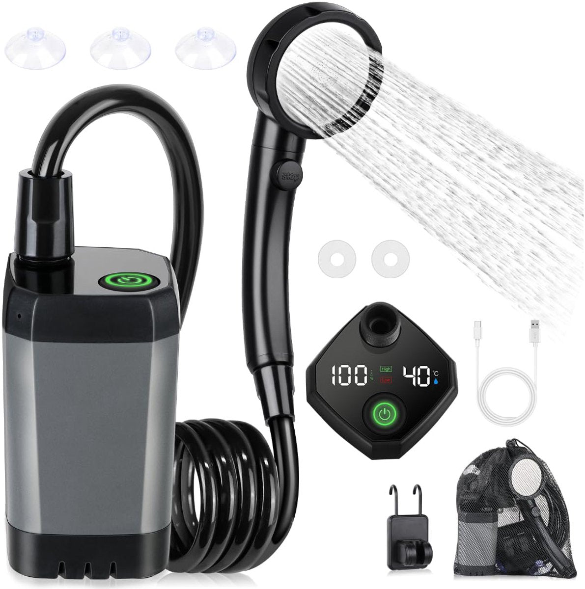 Portable Camping Shower - 6000mAh Rechargeable Shower Pump - With Smart LED Display - 4 Spray Modes - IPX7 Waterproof Outdoor Shower - For Hiking, Travel, Car, Pets - Gray