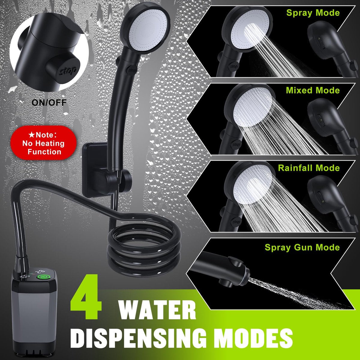 Portable Camping Shower - 6000mAh Rechargeable Shower Pump - With Smart LED Display - 4 Spray Modes - IPX7 Waterproof Outdoor Shower - For Hiking, Travel, Car, Pets - Gray