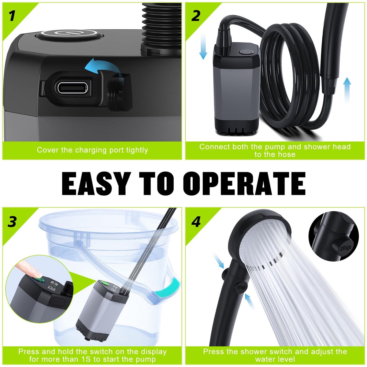 Portable Camping Shower - 6000mAh Rechargeable Shower Pump - With Smart LED Display - 4 Spray Modes - IPX7 Waterproof Outdoor Shower - For Hiking, Travel, Car, Pets - Gray
