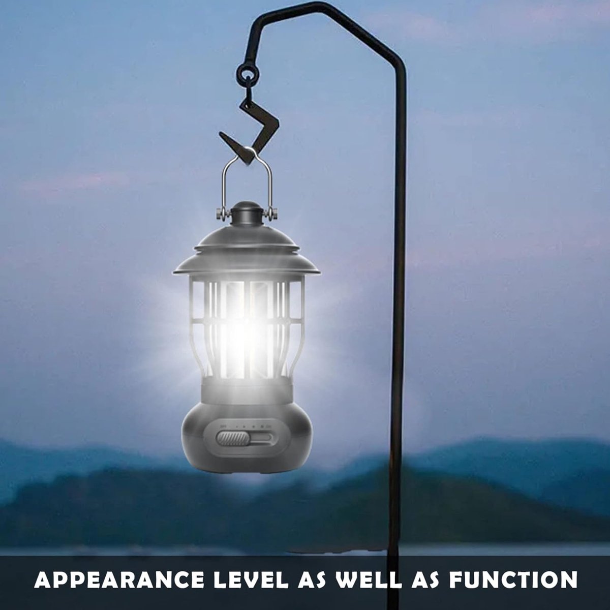 Rechargeable Camping Lantern – Retro Camping Lamp – Dimmable COB Hanging Light for Tent, Camping, Fishing, Hiking, etc. – Black