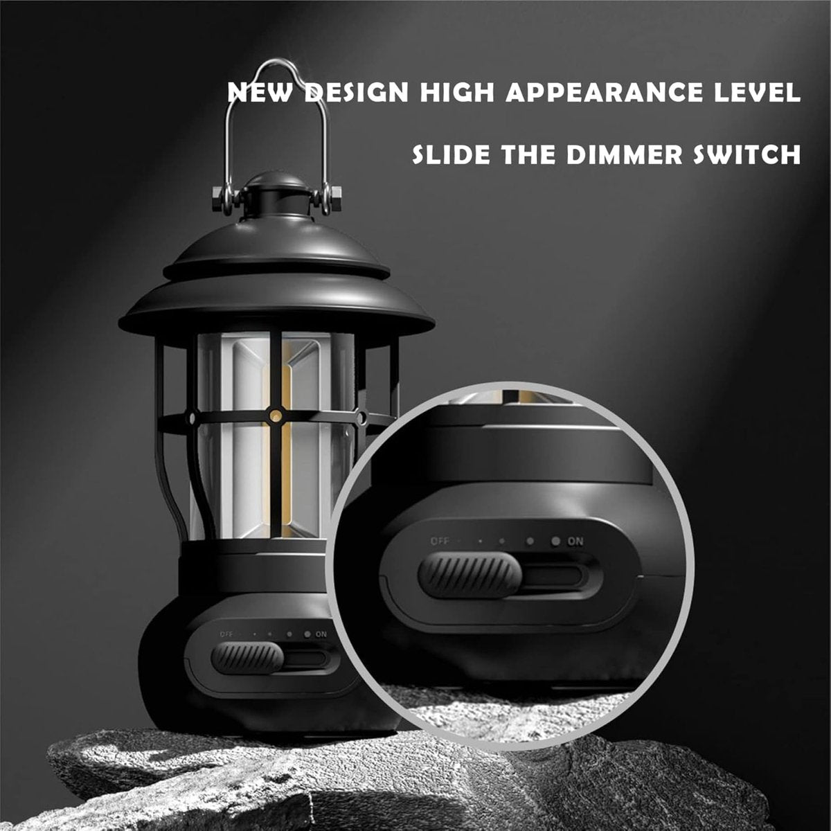 Rechargeable Camping Lantern – Retro Camping Lamp – Dimmable COB Hanging Light for Tent, Camping, Fishing, Hiking, etc. – Black