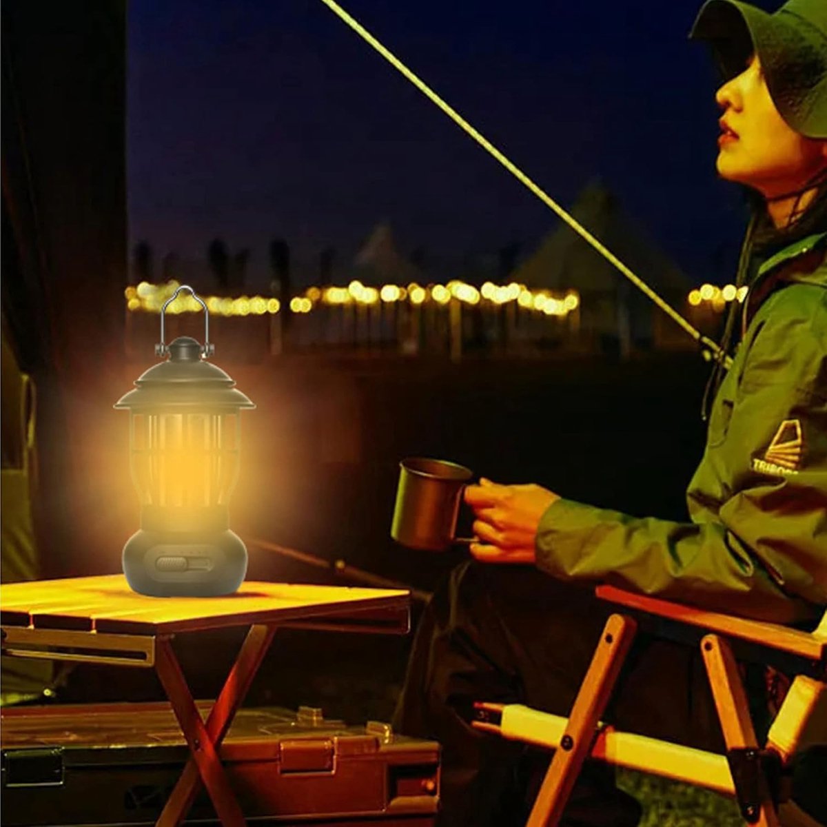 Rechargeable Camping Lantern – Retro Camping Lamp – Dimmable COB Hanging Light for Tent, Camping, Fishing, Hiking, etc. – Black
