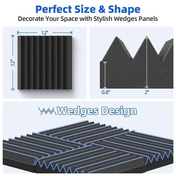 12 Self-Adhesive Acoustic Panels, 30x30x5cm, Black Sound-Absorbing Foam for Effective Sound Insulation