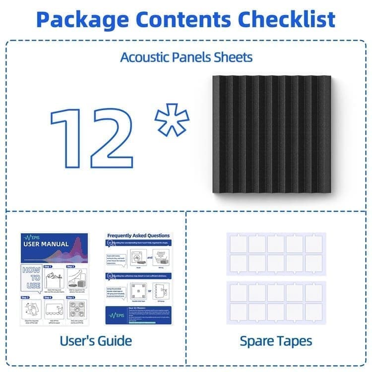12 Self-Adhesive Acoustic Panels, 30x30x5cm, Black Sound-Absorbing Foam for Effective Sound Insulation