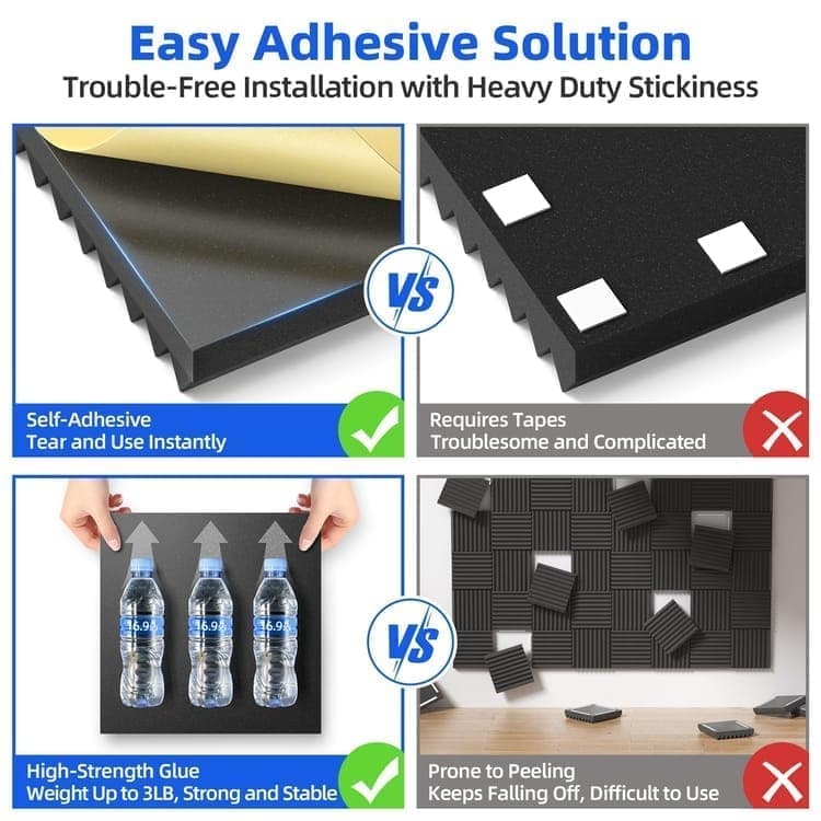 12 Self-Adhesive Acoustic Panels, 30x30x5cm, Black Sound-Absorbing Foam for Effective Sound Insulation