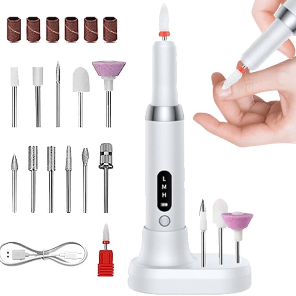 Electric nail file 12 grinding heads rechargeable 15000RPM adjustable speed multifunctional, White