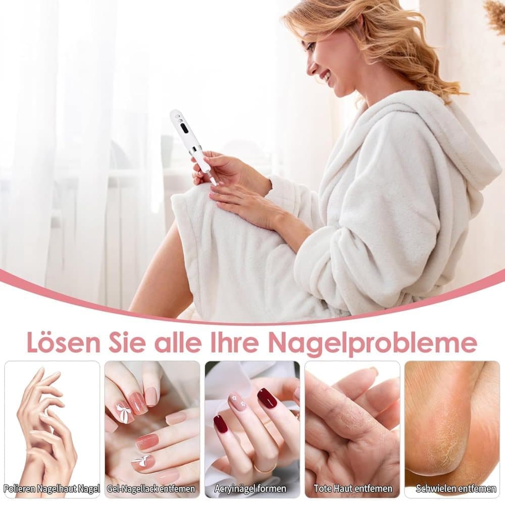 Electric nail file 12 grinding heads rechargeable 15000RPM adjustable speed multifunctional, White