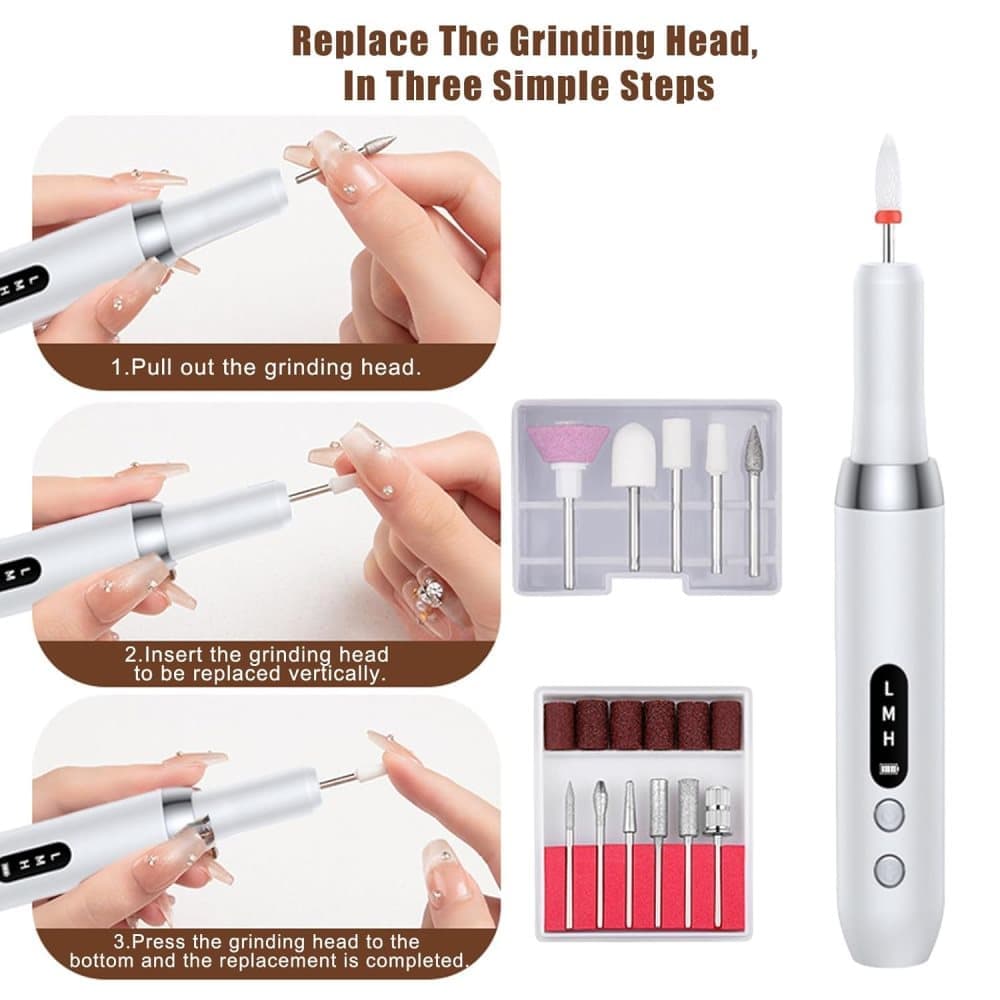 Electric nail file 12 grinding heads rechargeable 15000RPM adjustable speed multifunctional, White