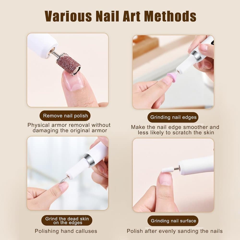 Electric nail file 12 grinding heads rechargeable 15000RPM adjustable speed multifunctional, White