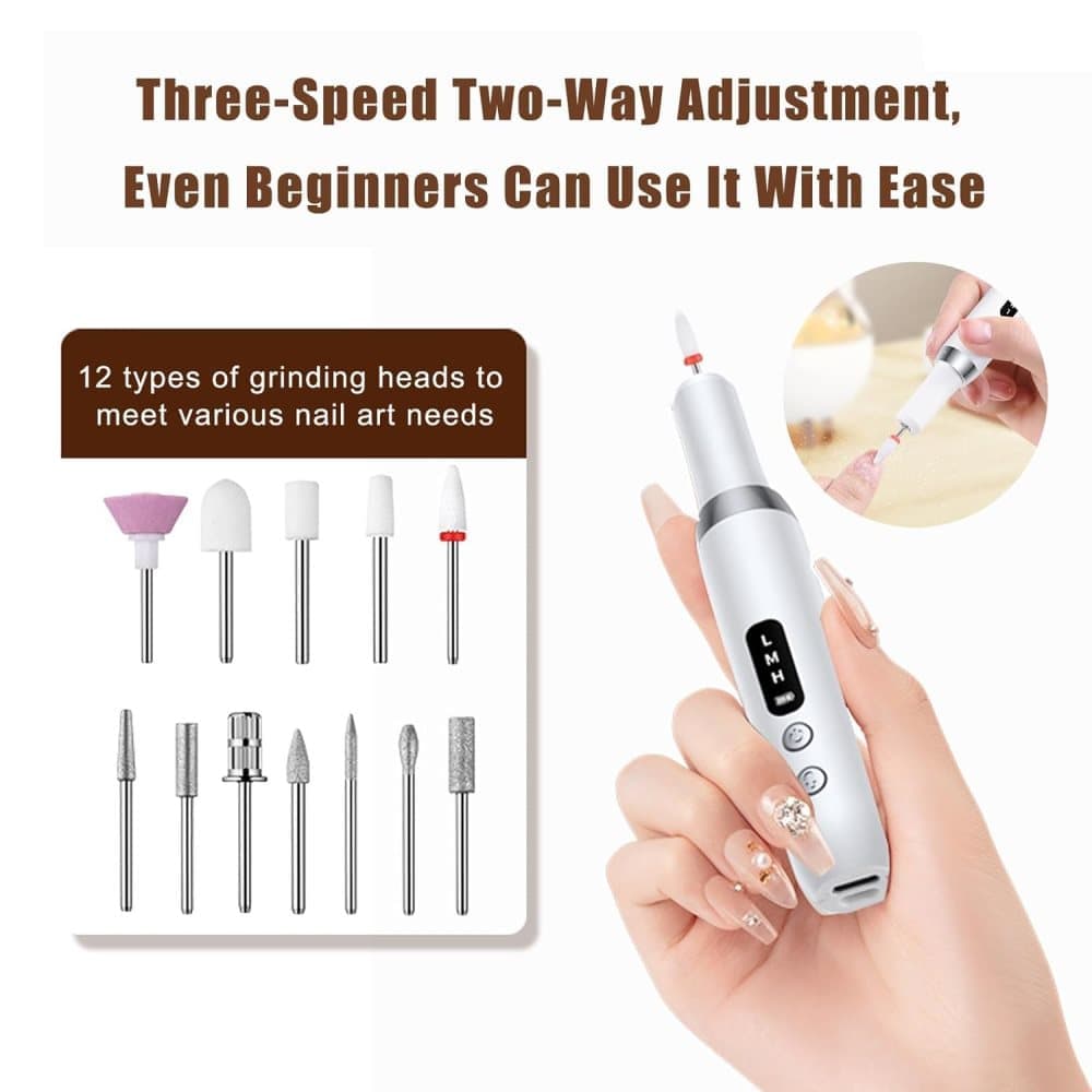 Electric nail file 12 grinding heads rechargeable 15000RPM adjustable speed multifunctional, White