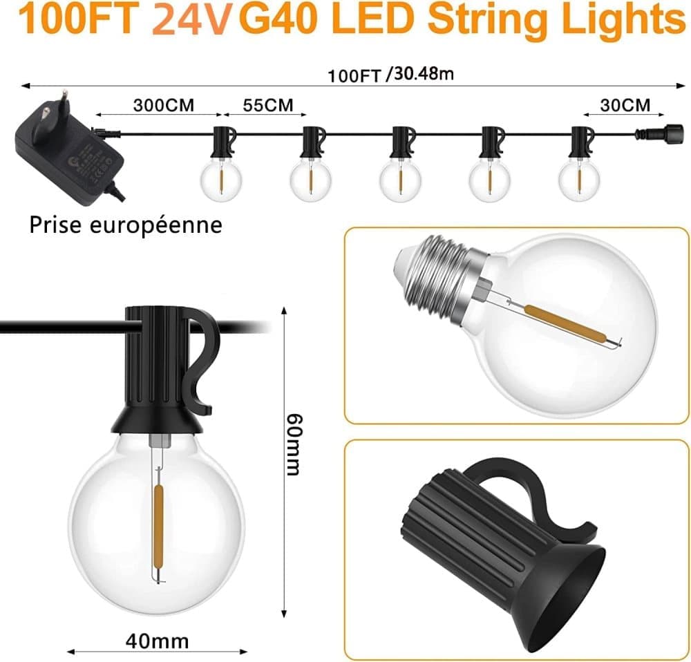 52 LED String Lights Waterproof G40 for Outdoor, 30m
