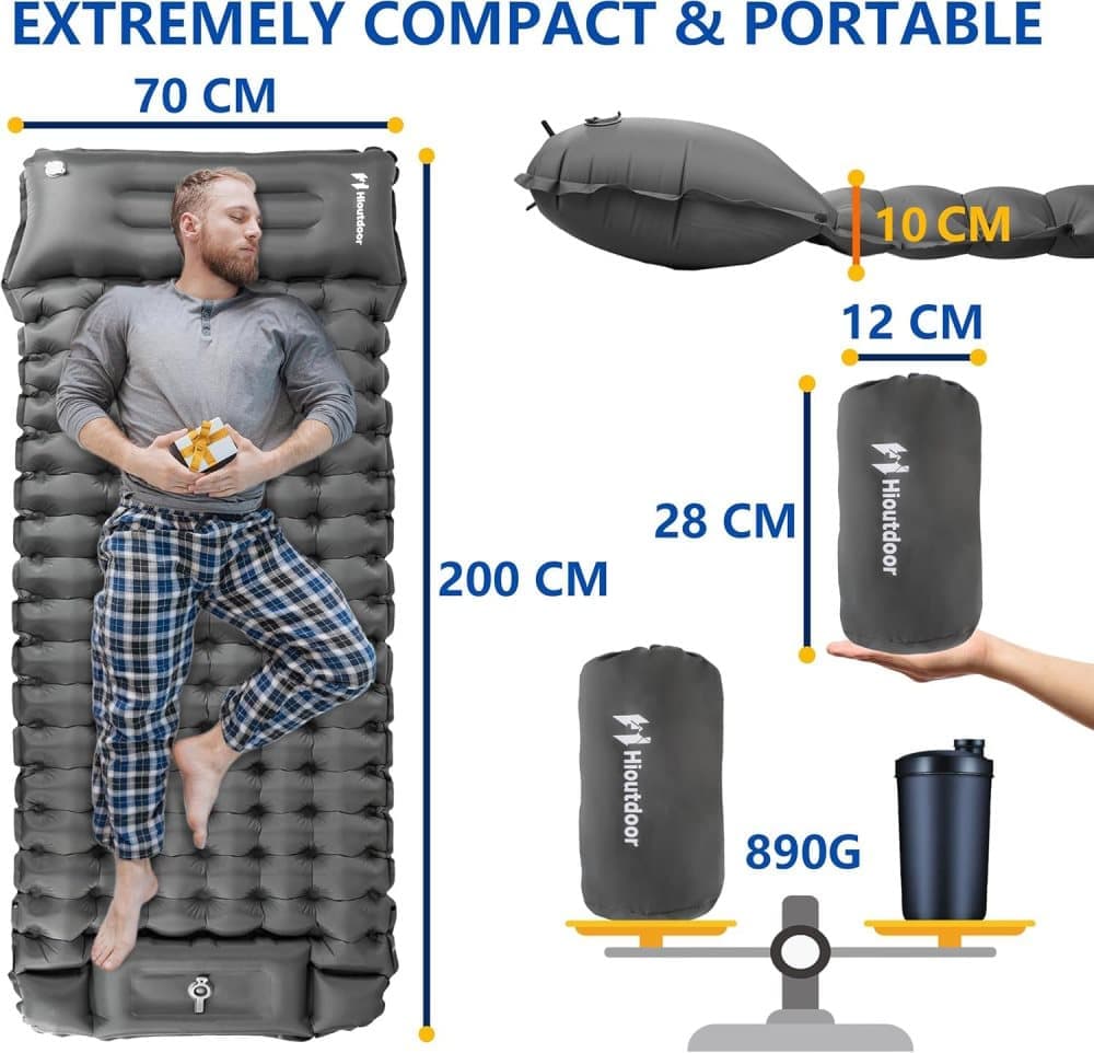 Self-inflating mattress for camping beach hiking, waterproof lightweight tear-resistant durable with foot pump, gray, 10cm