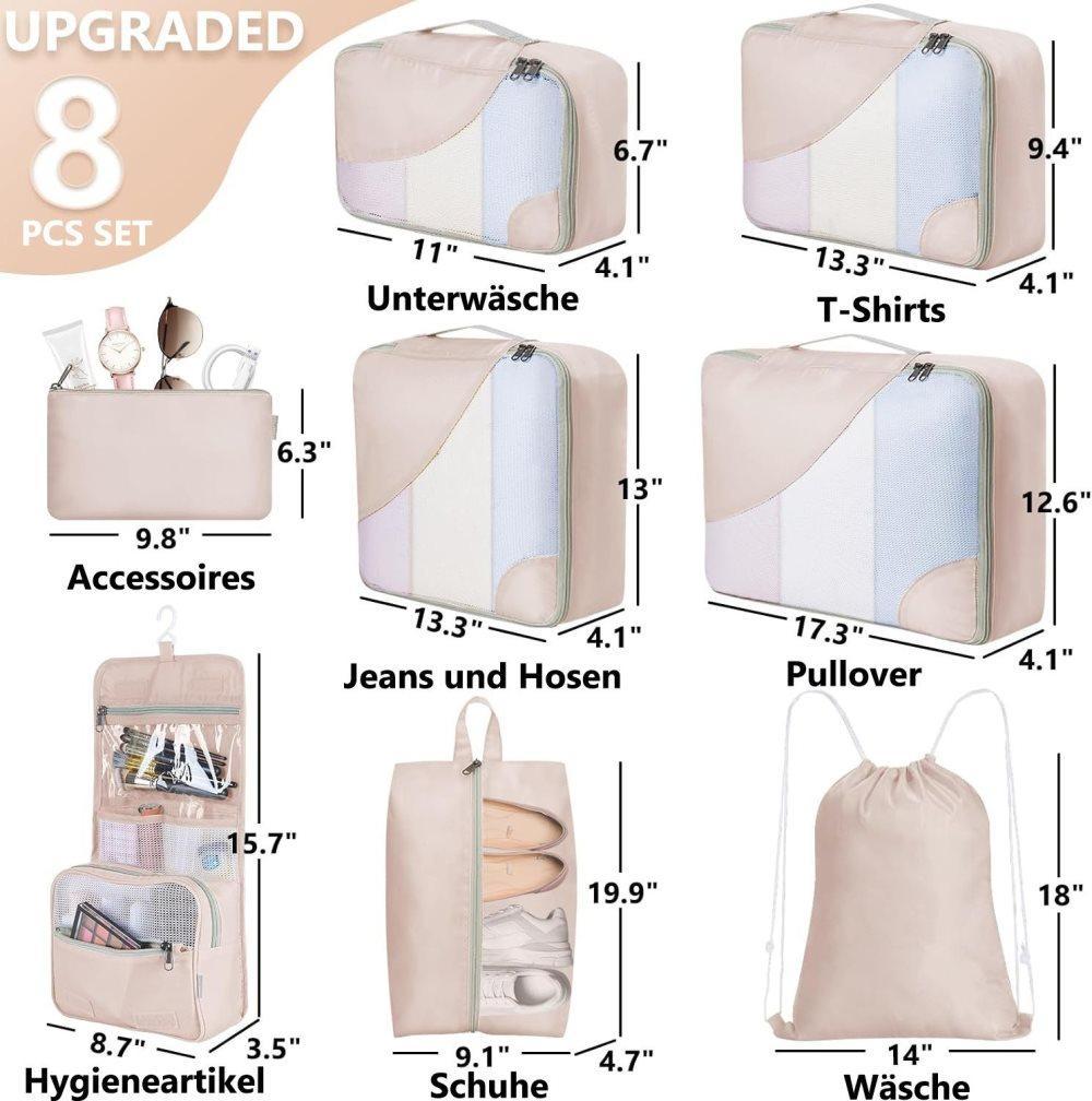 8-Piece Beige Suitcase Organizer Set with Durable Packing Cubes and Clothing Shoe Bags