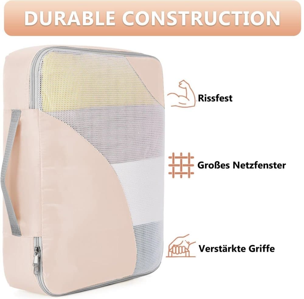 8-Piece Beige Suitcase Organizer Set with Durable Packing Cubes and Clothing Shoe Bags