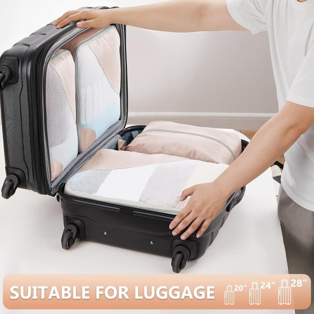 8-Piece Beige Suitcase Organizer Set with Durable Packing Cubes and Clothing Shoe Bags