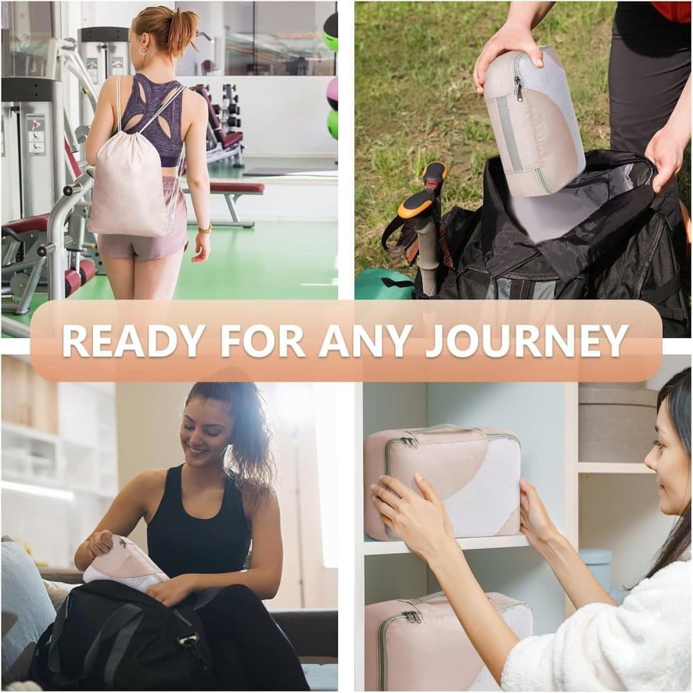 8-Piece Beige Suitcase Organizer Set with Durable Packing Cubes and Clothing Shoe Bags