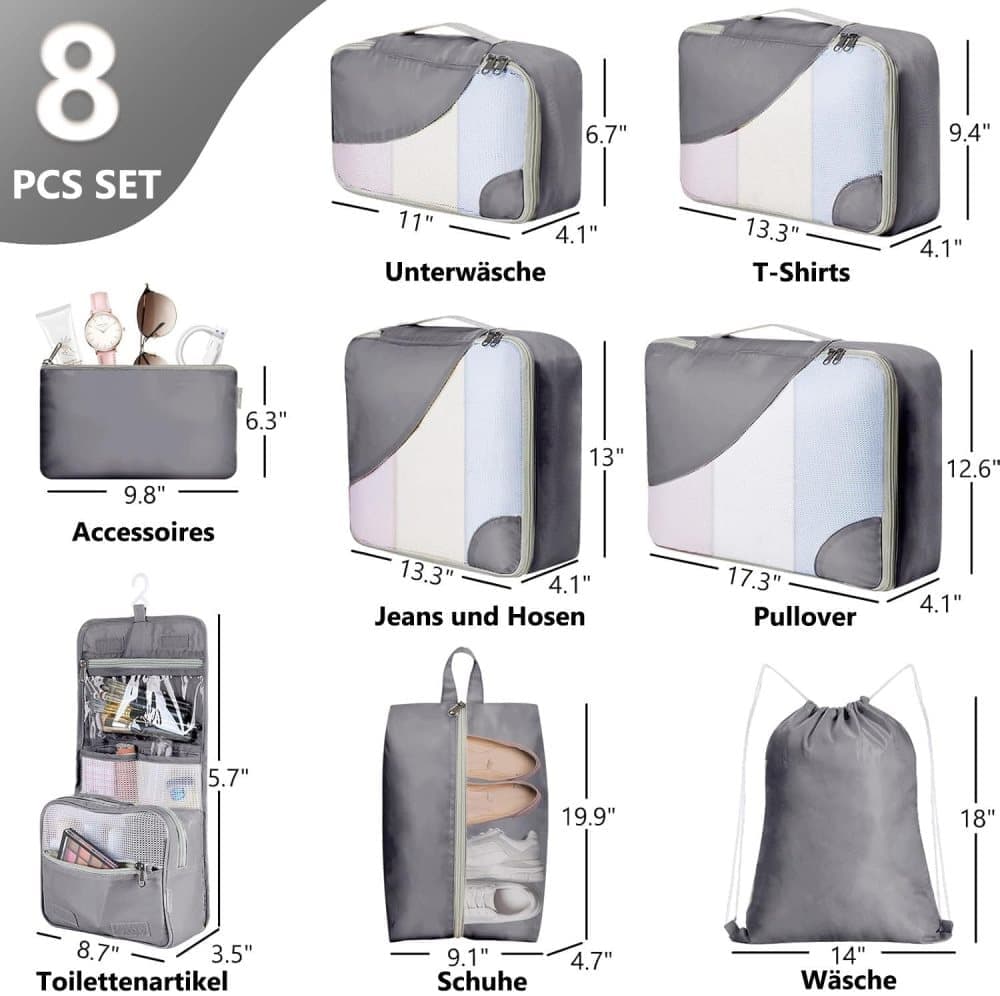 8-Piece Suitcase Organizer Set with Packing Cubes and Shoe Bags, Gray
