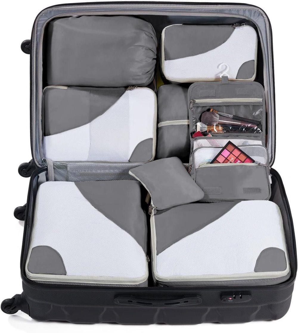 8-Piece Suitcase Organizer Set with Packing Cubes and Shoe Bags, Gray