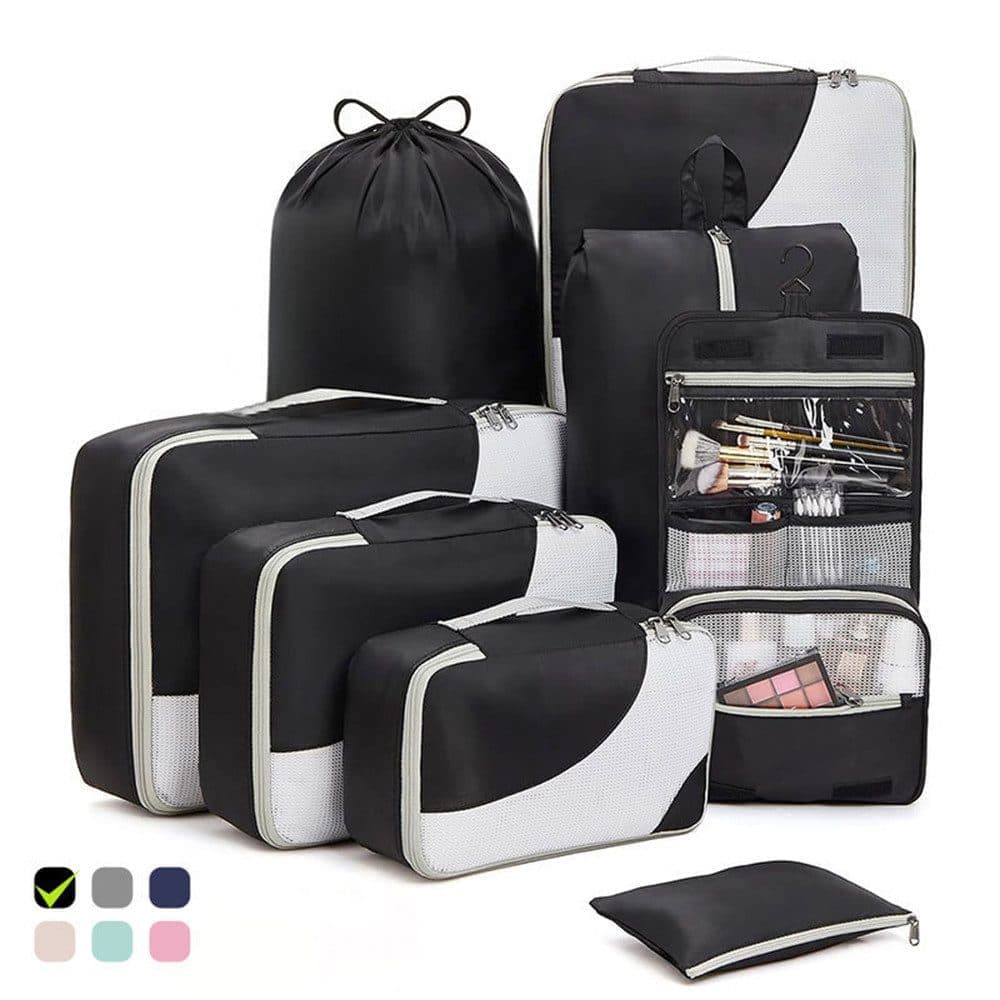 8-Piece Suitcase Organizer Set with Durable Packing Cubes and Clothing Shoe Bags, Black
