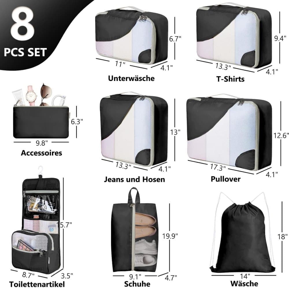 8-Piece Suitcase Organizer Set with Durable Packing Cubes and Clothing Shoe Bags, Black