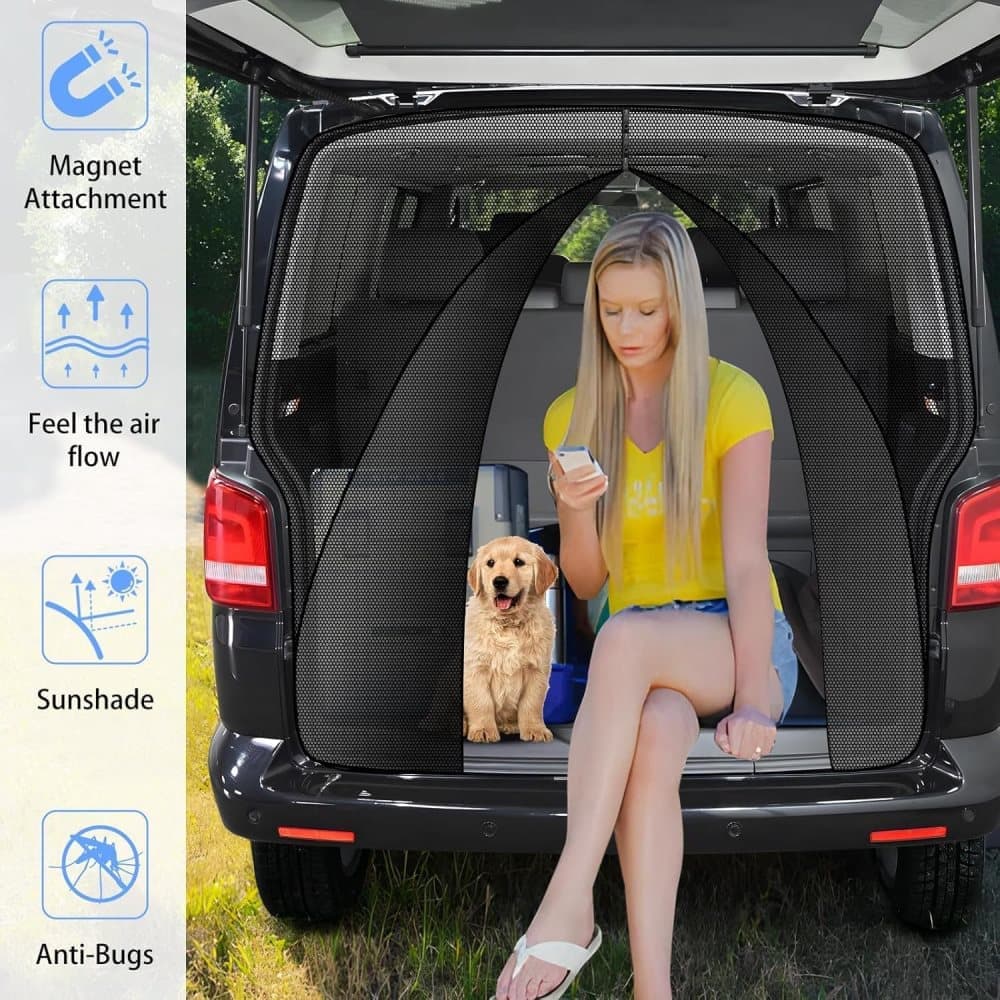 Universal Mosquito Net for Car Tailgate with Magnetic Attachment, Mosquito and Sun Protection, Compatible with Camping and Motorhome Outdoors, 180x150cm, Black