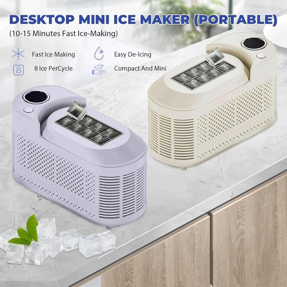 Portable Ice Machine Fast Ice Production in 10-15 Minutes Energy-Efficient Small Ice Maker with Low Noise Level Compatible with Car Use, White