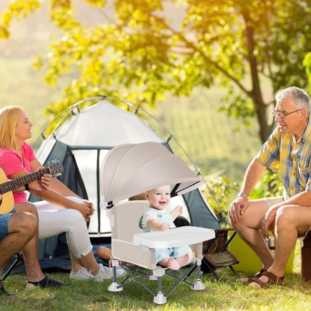 Foldable Highchair for Children with Sunshade and Removable Food Tray, Portable, Green