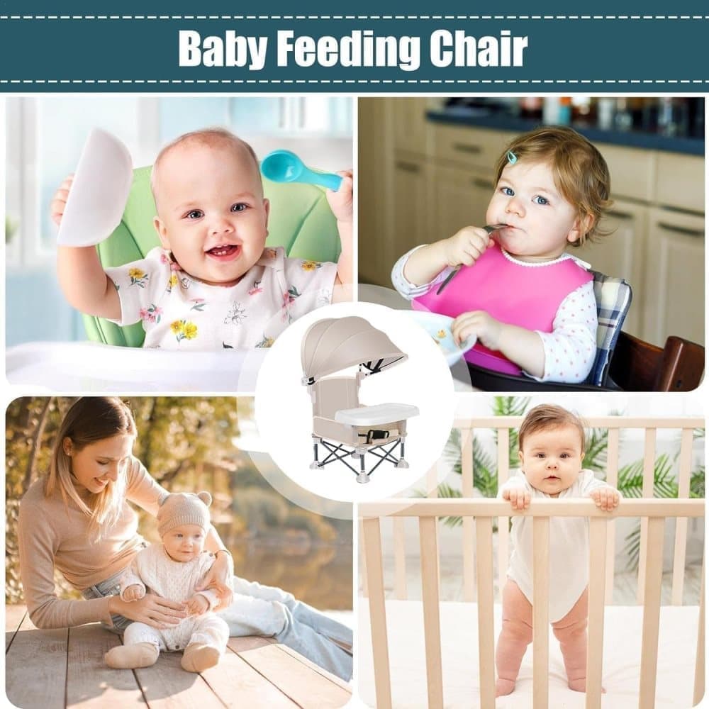 Foldable Highchair for Children with Sunshade and Removable Food Tray, Portable, Green