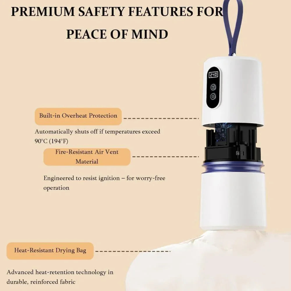 Portable dryer 360° hot air with drying bag, quiet operation, 30-240 minute timer, perfect for travel