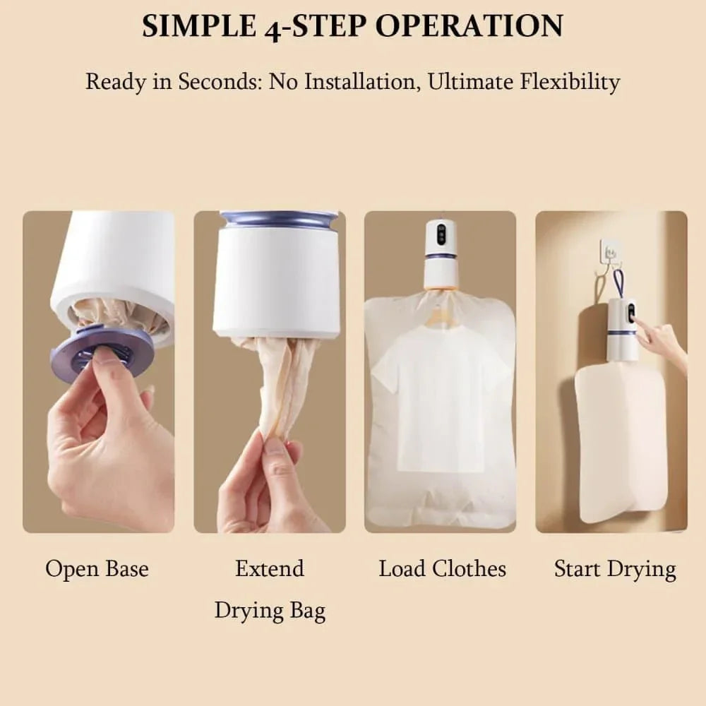 Portable dryer 360° hot air with drying bag, quiet operation, 30-240 minute timer, perfect for travel