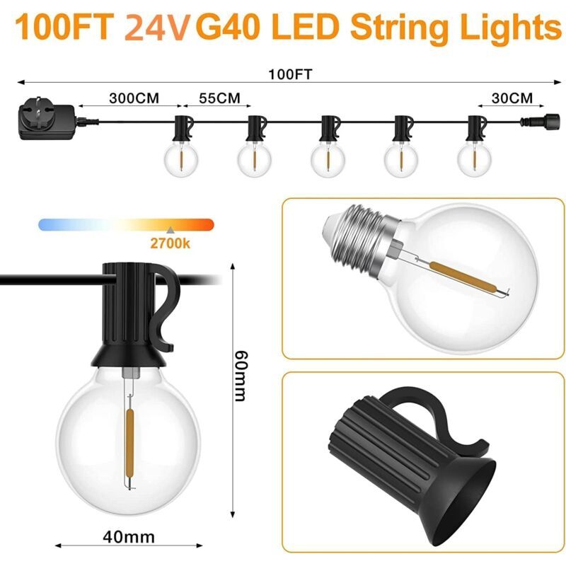 Outdoor Light Garland, 30 m with 50 plus 2 G40 LED Bulbs, IP45 Waterproof, Warm White