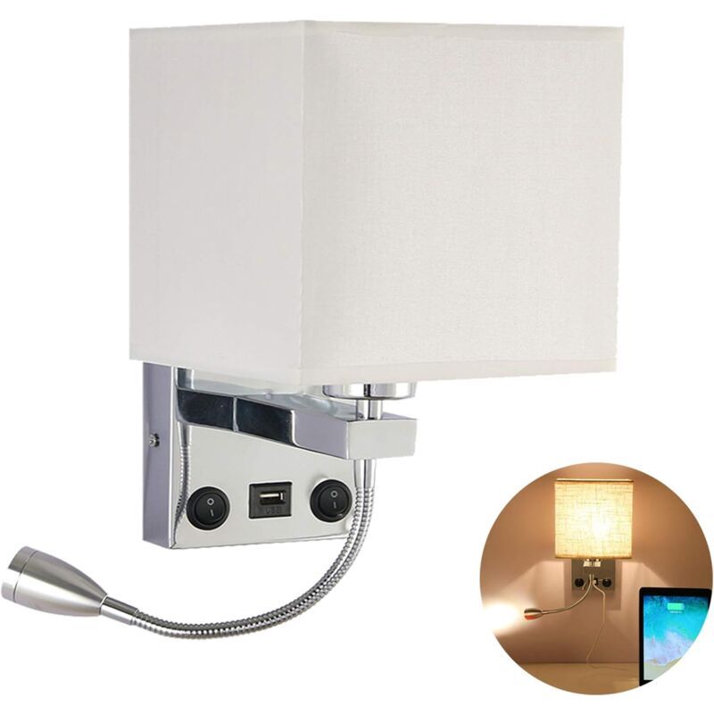 Bedside Wall Lamp with Flexible USB LED Reading Light, E27 Swing Arm Holder, 1 USB Port