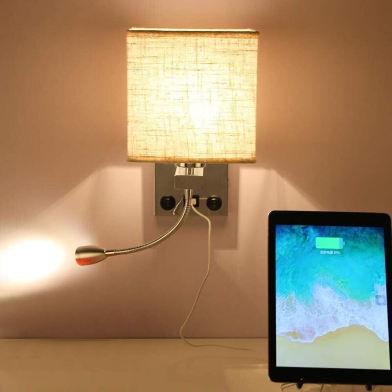 Bedside Wall Lamp with Flexible USB LED Reading Light, E27 Swing Arm Holder, 1 USB Port