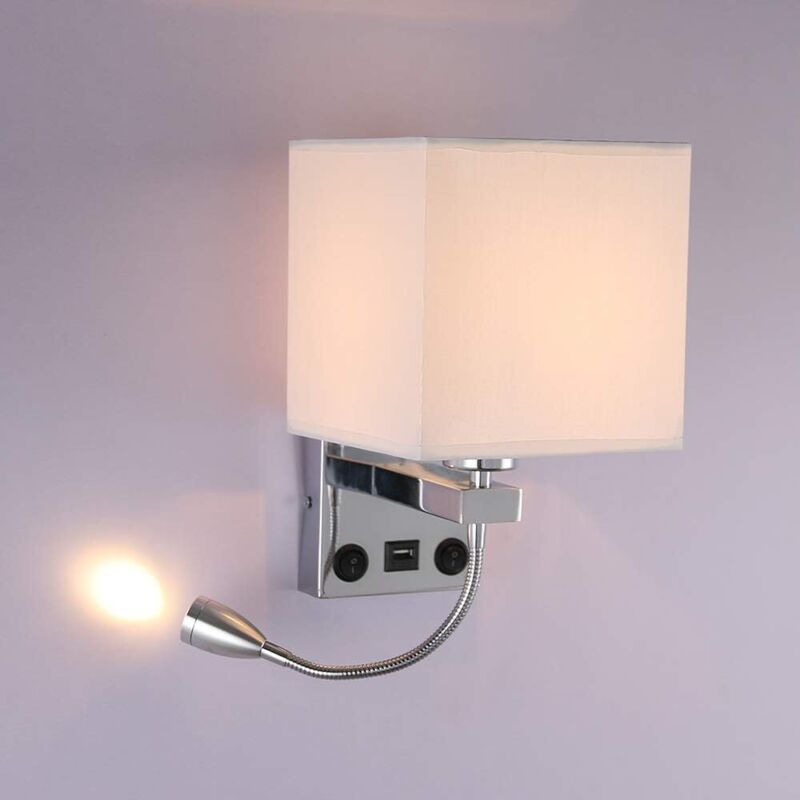 Bedside Wall Lamp with Flexible USB LED Reading Light, E27 Swing Arm Holder, 1 USB Port