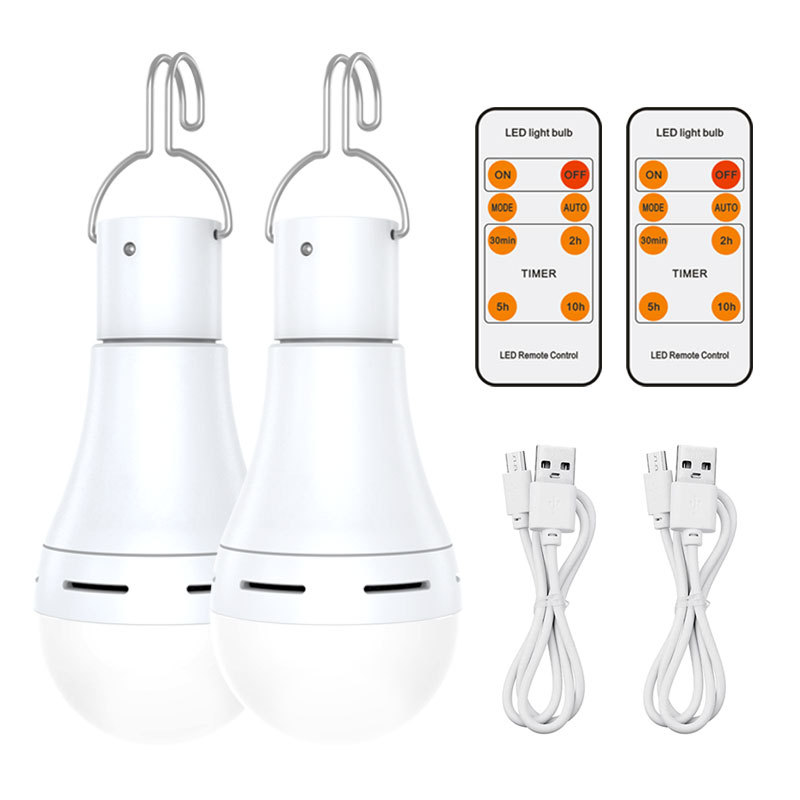 2-Pack USB Rechargeable 7W E27 LED Bulbs, Remote Control, Hanging Hook